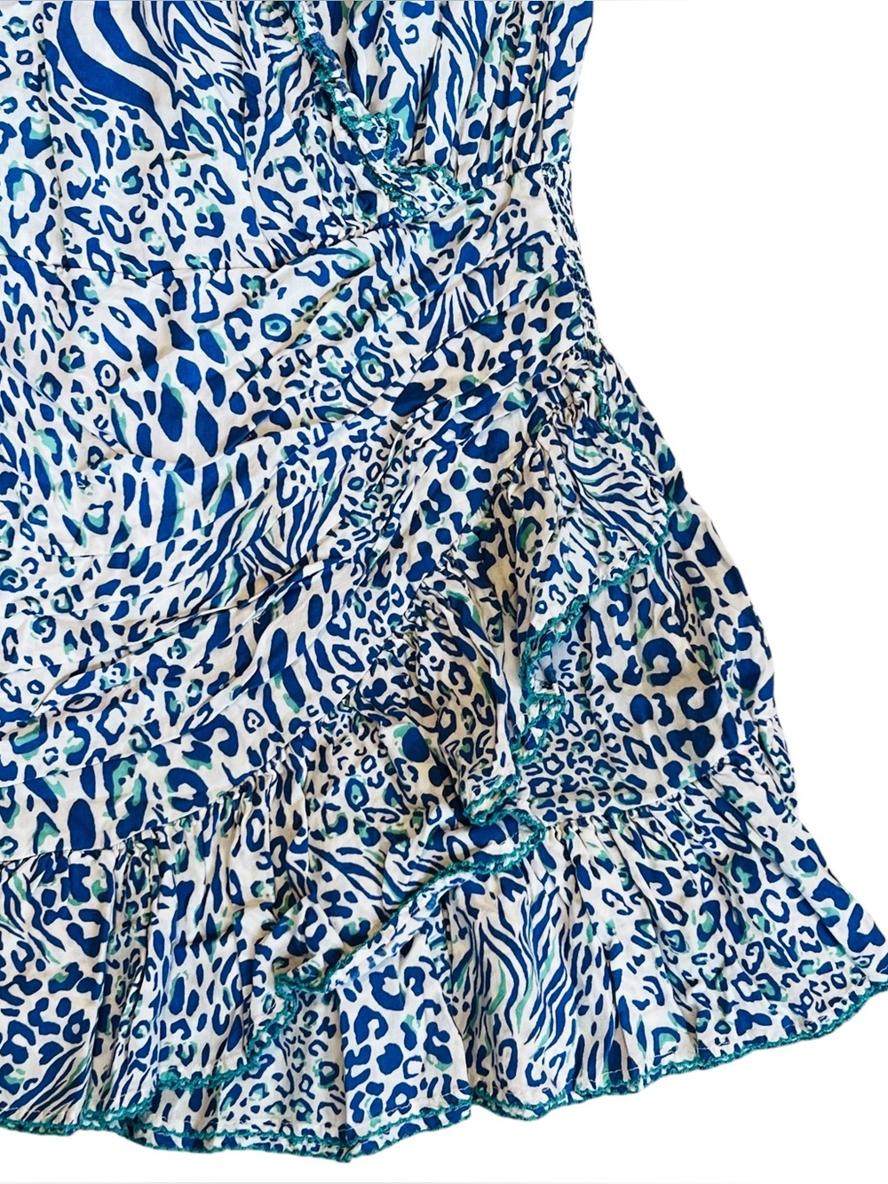 Poupette St Barth Women’s Sz M Animal Print Mini Dress Estel Blue White Ruffle - Picture 8 of 16